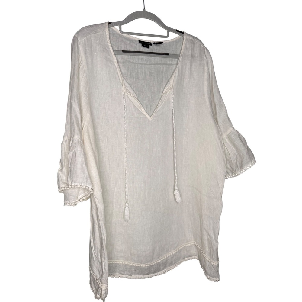Tahari white linen tunic top deep v-neck beach cover coastal boho blouse